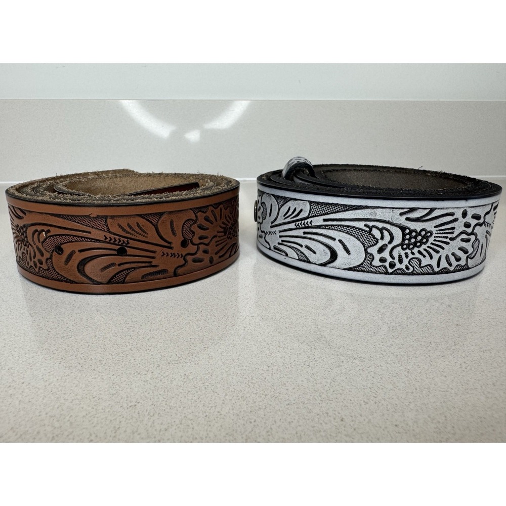 Belts Western Floral Tooled Leather Belt Lot 2 Tan White Snap 34 Genuine Leather